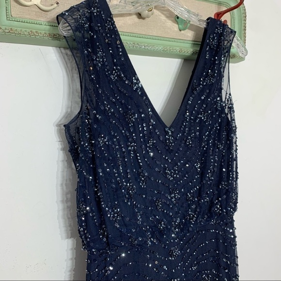 Aidan Mattox Sequin v-neck & back mermaid navy full length evening dress 8 women - Picture 5 of 10
